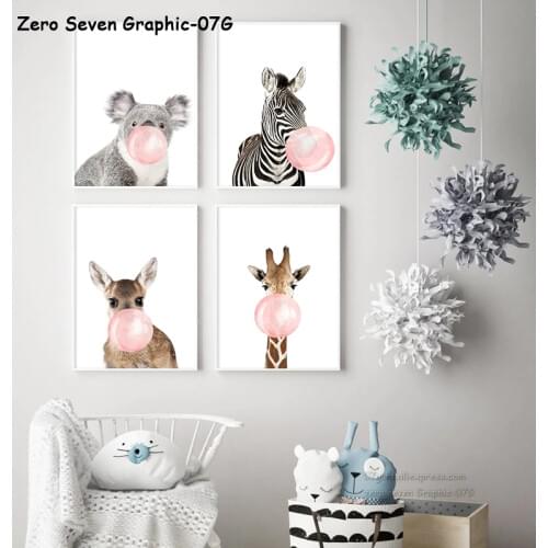07G Lovely Blowing Bubble Gum Giraffe Zebra Koala Animals Canvas Painting Wall Art Print Poster For Nursery Home Decoration