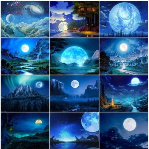 5D DIY Diamond Painting Moon Landscape Cross Stitch Kit Mosaic Night Scenic Picture Of Rhinestones Diamond Embroidery Wall Art
