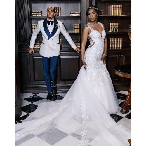 KapokDressy White Illusion Mermaid Wedding Dresses Sheer Neck Sweep Train Appliques African Bridal Gown sirena vestidos de novia