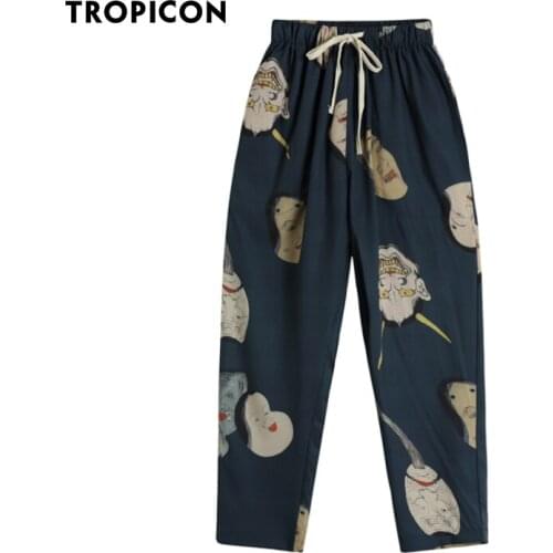 TROPICON Ukiyoe Hannya Print Royal Blue Pants Summer Trousers Women Lace Up Drawstring Pants Ankle-Length Aesthetic Pants 2021