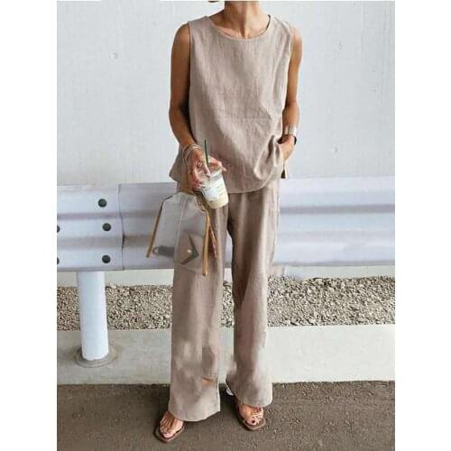 Summer womens Sleeveless Pants Set Casual Style Cotton Linen 2021 New Straight Tube Solid Color Comfortable Splicing Simple