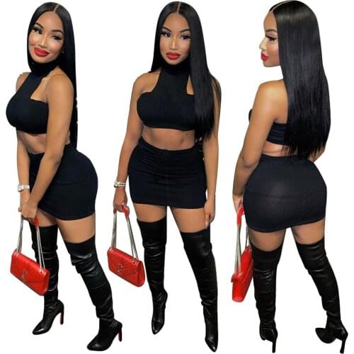 Black Short Skirt Suit Womens Sexy Fashion Sleeveless Vest Top Dress Two Piece Set Nightclub Party Tights Summer 2021 Backless