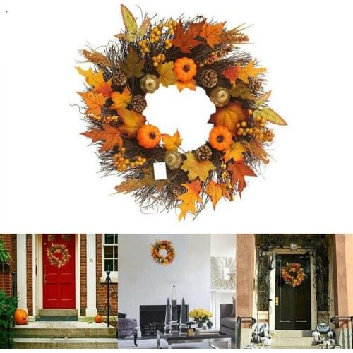 45CM Halloween Decor Fall Wreath Artificial Maple Leaf Pumpkin Wreath Decoration Thanksgiving Autumn Garland