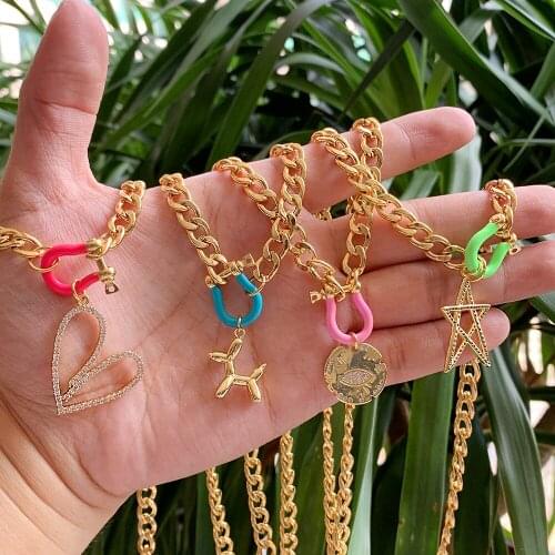 Enamel Hooves buckle Hollow Out Star/Heart Shape Embossing Brass Pndant Gold Plated Copper Cuban Chain Necklace