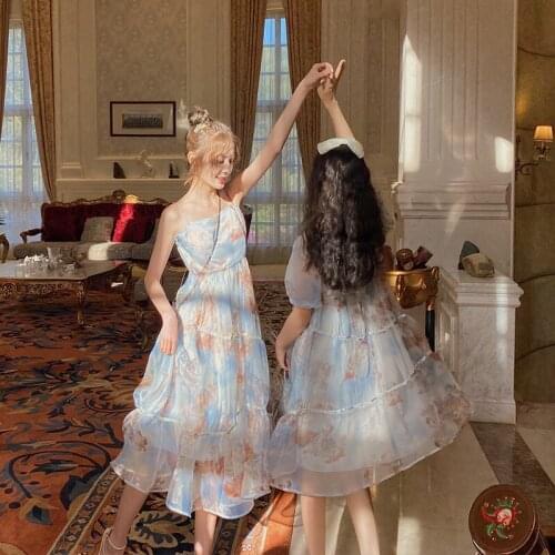 Fairy Princess Sweet Girl Kawaii Lolita Jsk Op Dress Summer Floral Mesh Anime Cosplay Cute Elegant Ladies Thin Vintage Blue Loli