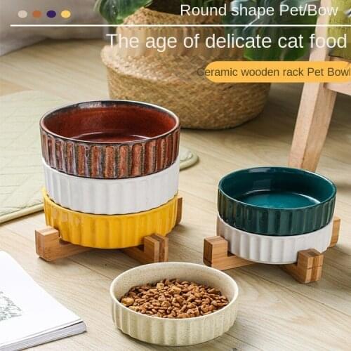 Pet ceramic bowl cat bowl creative dog bowl slow rice bowl drinking bowl tableware single double bowl wooden frame