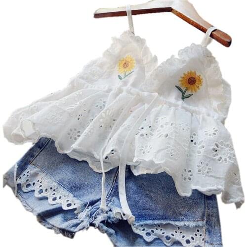 Childrens Clothing Sets Girl Sets for Children Summer Embroidered Lace Sling Top Denim Shorts 2pcs Kids Clothes Girls Clothing