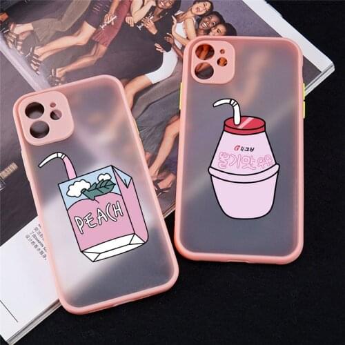 Korea Cartoon Pink Strawberry Milk Clear Phone Case For iPhone 11 12 Pro MAX XR 7 X XS SE20 8 6Plus Cute Hard Matte Cover Fundas