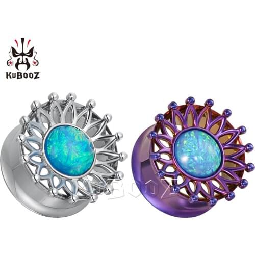 KUBOOZ Fashionable Stainless Steel Flower Petal Opal Ear Plugs Gauges Stretchers Body Piercing Jewelry Earring Tunnels Expanders