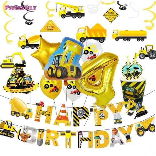 4th 3rd Birthday Construction Party Truck Themed Happy Birthday Banner Latex Balloons Dump Truck Theme Birthday Decoration Pack