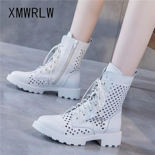 XMWRLW Genuine Leather Summer Women Boots 2021 Spring Summer Breathable Ladies Shoes Women Rubber Sole Boots Plus Size 42 Shoes