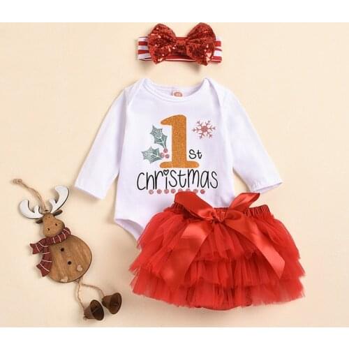 My First Christmas Outfits For Baby Girl Long Sleeve Letter Print Romper Tops+ Tutu Skirt + Sequine Bow Headband 3 Piece Set