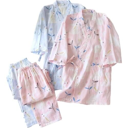 Mens Three-Quarter Sleeve+Pants Japanese Kimono Style 2Pcs Pajamas Set Cotton Double-Layer Gauze For Spring Summer And Autumn