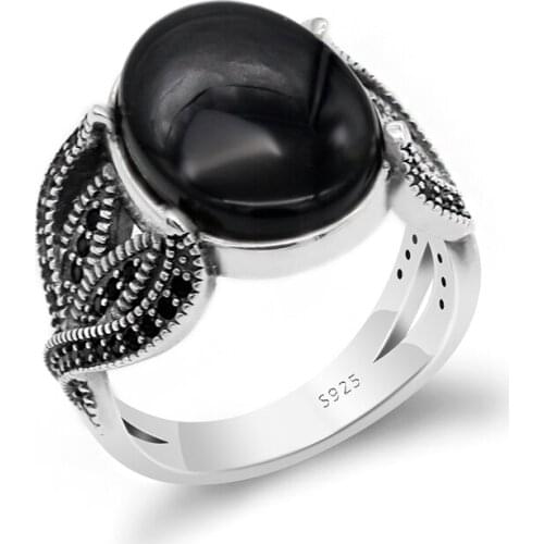 Black Onyx Ring to Husband Gift 925 Sterling Silver Big Natural Stone Men Rings with CZ Vintage Classic Fine Jewelry