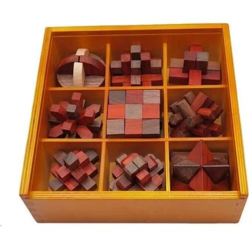 Set of 9PCS Classic IQ Wooden Burr Puzzle Mind Educational Brain Teaser Puzzles Game for Adults Children