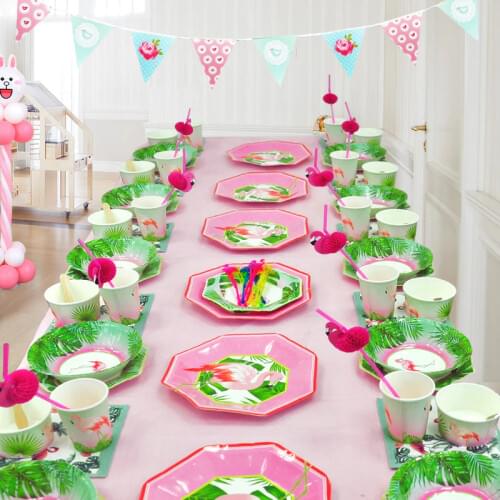 1st Birthday Party Disposable Tableware Set Pink/Green Paper Cup/Plate/Straw/Napkins Flamingo Party Tablecloth Baby Shower Decor
