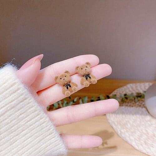 Originality Korean Flocking Bow-knot Cartoon Bear Earrings Sweet Fresh Kawaii Simulation Bear Earrings For Women Jewelry Gifts