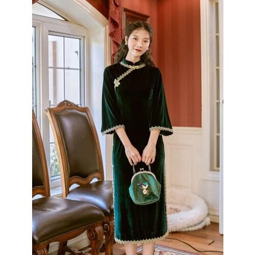 Fall/winter New Art Retro Green Velvet Modified Cheongsam Dress Chinese Style