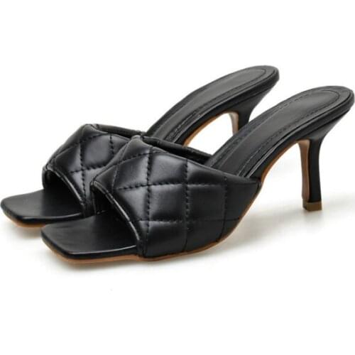 Sexy Luxury Mules Thin High Heel Sandals Square Toe Leather Rome Slippers Shoes Slip-On Women Summer Fashion Dress Sandalias