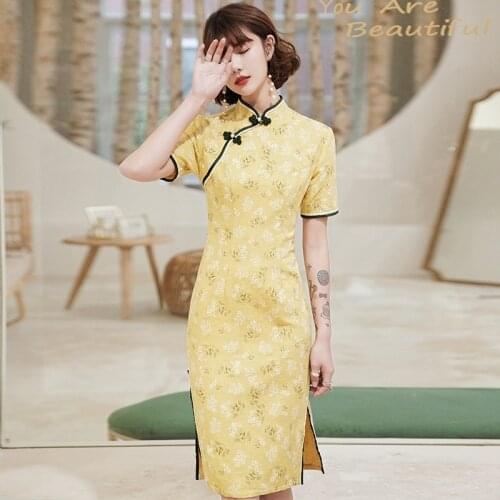 New Summer Cotton Cheongsam Dress Chinese Traditional Vintage Slim Plus Size Qipao Linen Dresses S To 3XL Yellow