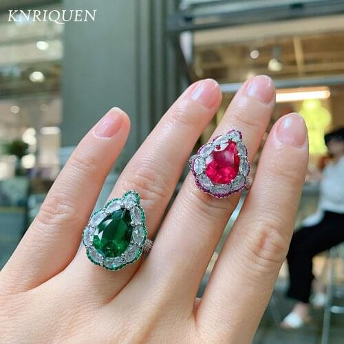 Retro 10*14mm Created Ruby Emerald Gemstone Rings for Women Luxury 925 Sterling Silver Wedding Engagement Band Fine Jewelry Gift