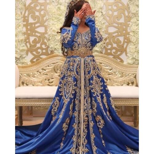 Luxury Morrocan Caftan Evening Dress Royal Blue Long Sleeve Crystal Beaded Muslim Prom Dress 2020 Silk Satin A Line Formal Gowns