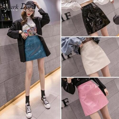 SparkDora Pu Bright Leather A-line Skirt New Edition 2020 Korean Personalized Fashion High Waist Skirt Pu Leather Skirt