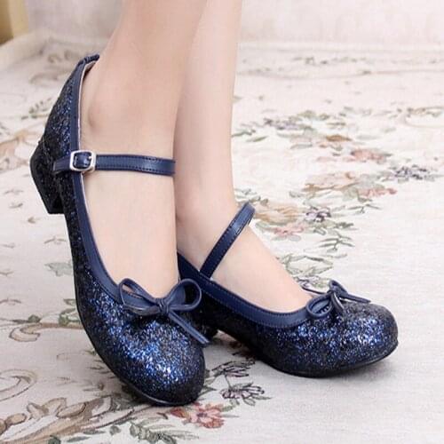 Princess Lolita Round Head Japanese Cute Sweet Sequin Bow Low Heel Tea Party Shoes Bowknot girl Kawaii Girl Women Shoes