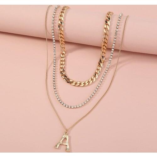 Vintage Punk Metal Letter A Pendant Multilayer Necklace for Women Rhinestone Clavicle Chain Necklace Jewelry Girl Accessories
