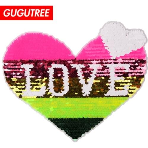 GUGUTREE embroidery Sequins big love heart patch love patches badges applique patches for clothing JW-147