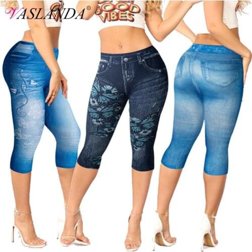 Women Capri Leggings Faux Denim Jeans Short Pants 3D Floral Printed Cropped Slim Trousers High Waist 3/4 Jeggings Skinny Pants