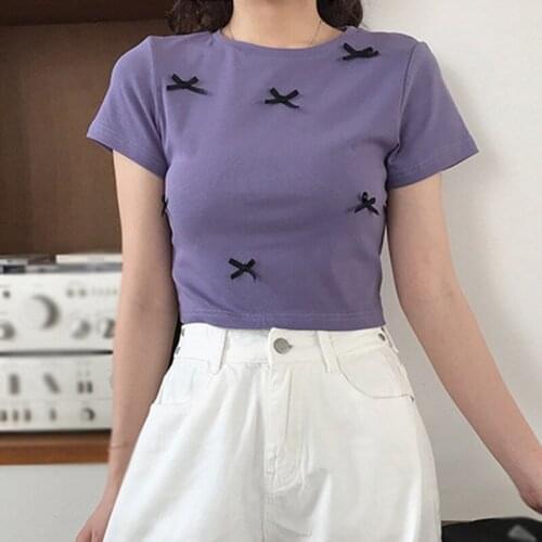 Womens Simple Bow T-Short 2021 New Summer Retro Tees Style Round Neck Little Fresh Tops