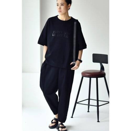 Female new spring and summer Korean style sequin letter short-sleeved T-shirt + casual pants loose two pieces sport Suit