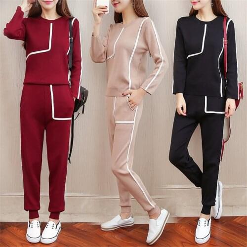 2021 Women spring Winter Knitting Set Women Sweater Top And Full Pant 2 Piece Set Suit Casual Women Tracksuit