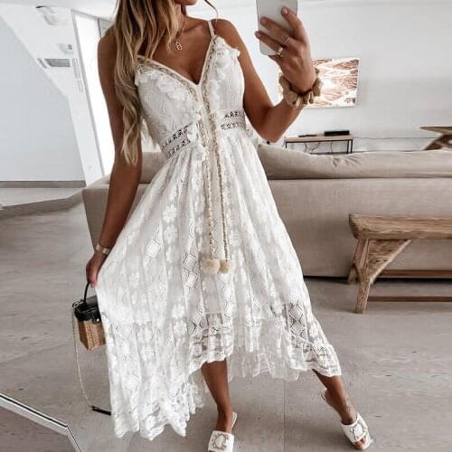 2021 Sexy V Neck Tassel Long Woman Dress Summer Sleeveless Off Shoulder Party Dress Elegant Hollow Out Crochet Lace Beach Dress