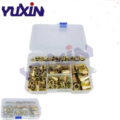 120Pcs/set M4 M5 M6 M8 M10 Zinc Plated Knurled Rivnut Flat Head Threaded Rivet Wood Insert Cap Furniture Nut Assortment Kit