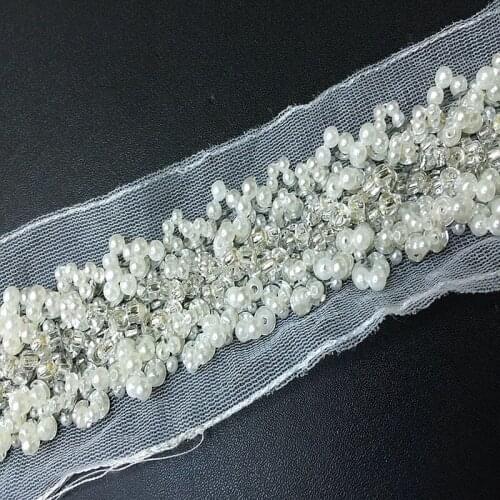 2yards White Pearl Beaded Lace Trim Applique Mesh Lace Fabric DIY Sewing Wedding Dress Garment Collar Lace Accessories Material