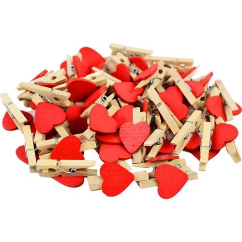50PCS 30mm Chic Wedding Birthday Party Decor Home Decor Heart Decor Mini Wooden Craft Clip Peg Red White Black Pink Blue Yellow