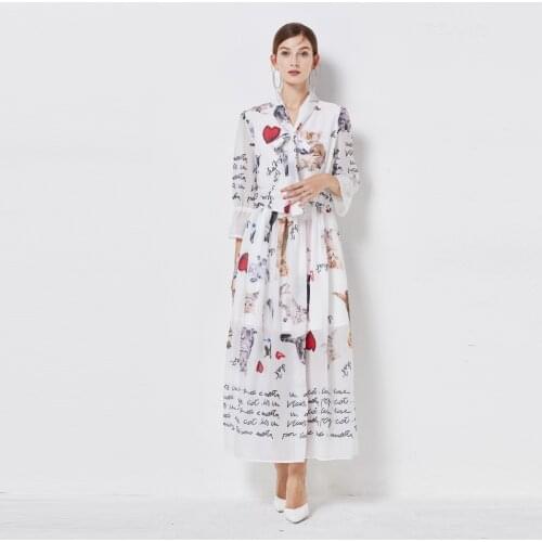 Banulin High Quality Summer Runway Designer Maxi Dress Womens Flare Sleeve Casual Animal Cat Letter Printing Long Dress N66085