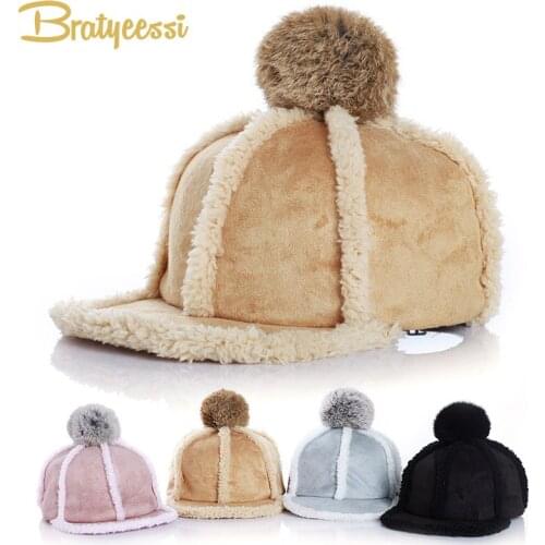 Winter Baby Hats for Girls Boys Kids Baseball Cap with Detachable Fur Ball Adjustable Pompom Children Cap for 2-6 Years