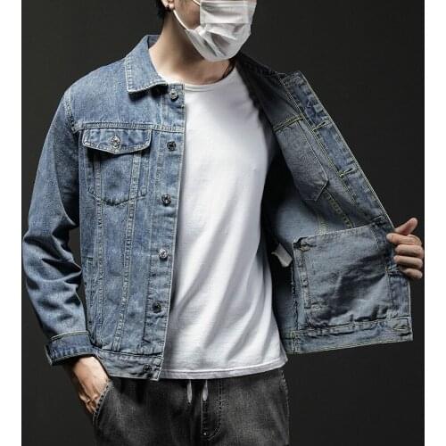 Autumn embroidered denim jacket mens trend loose black street stand collar Jeans Coats Long Sleeve Ripped cotton outerwear