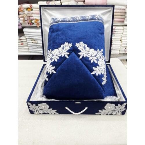 French Filet Lace Coffer Prayer Rug Set Velvet Bundle Set Navy Blue