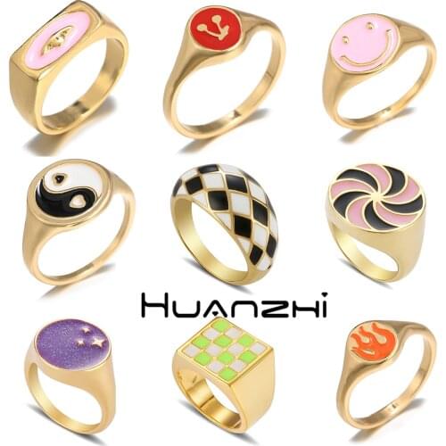 HZ 2021 New Summer Colorful Sweet Trendy Geometric Square Checkered Dripping Oil Smiley Yin Yang Ring for Women Girls Jewelry