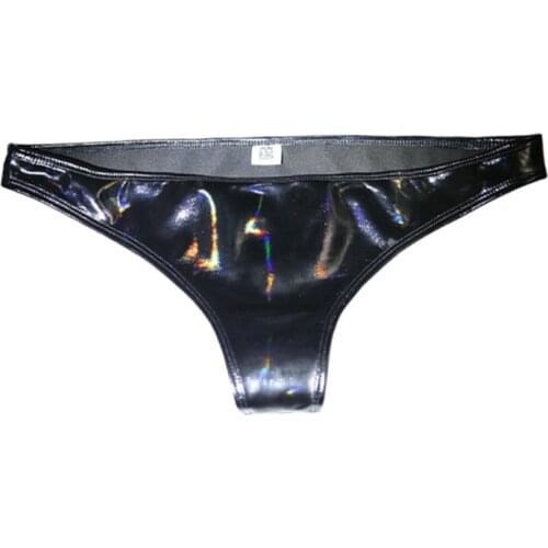 LinvMe Sexy Reflective Faux Leather Underwear Low Waist Panties PU Tangas Briefs Micro Mini Hot Shorts Thong Women Men Lingerie