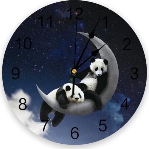 Moon Night Sky Panda Star Wall Clock Modern Design Round Indoor Home Office Living Room Decoration House