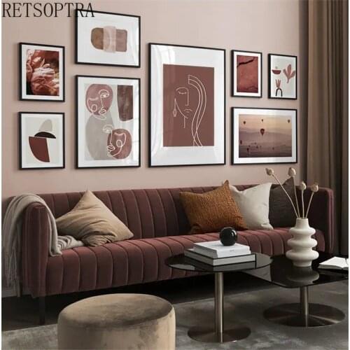 Modern Wine Red Series Hot Air Balloon Landscape Print Poster Abstract Multi-combination Living Room Decor Wall Art Painting