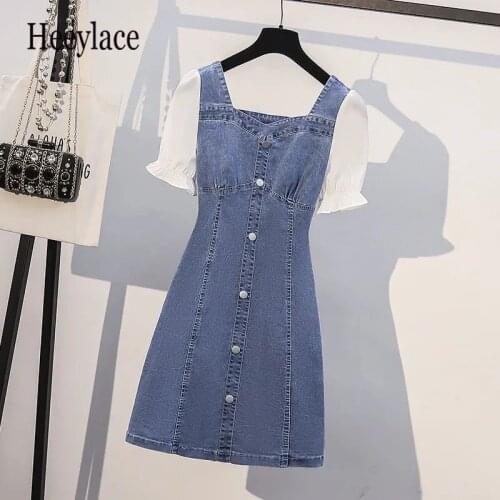 Plus Size Women Summer Short Sleeve Denim Dresses Female Vintage Square Collar Bodycon Party Vestidos Female High Waist Dresses