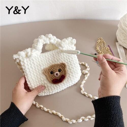 Y&Y Homemade Wool Cute Bear Handbags Hand-woven Women Bag Diy Material Bag Thick Wool Knitted Shoulder Messenger Bag