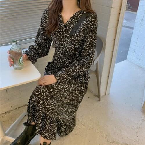 Printed Chiffon Dot Vintage Flower Dress Spring 2021 New Summer Plus size 4XL V Neck Long Sleeve Black Women clothes 837J