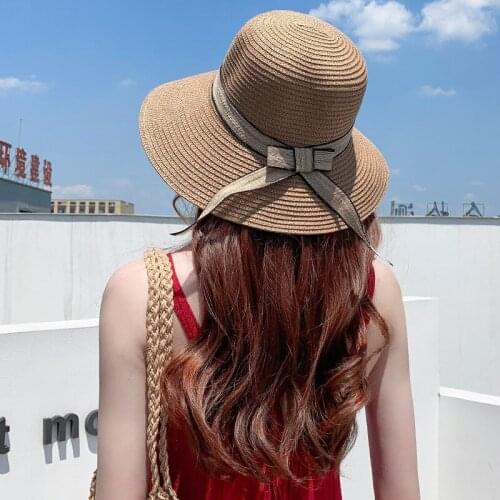 Womens sun hats Fashionable bows and ribbons Traveling beach hats Summer sunscreen youth straw hats